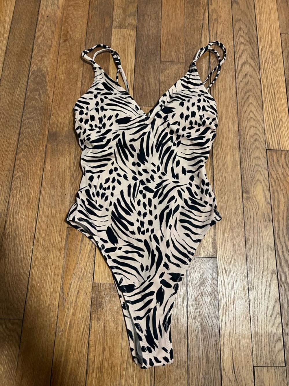 Animal Print One-Piece Swimsuit - Beige and Black